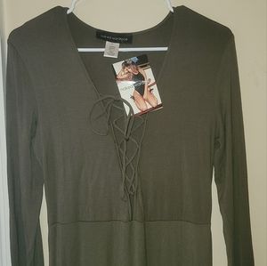 NWT Naked Wardrobe Olive Army Green Tie Long Sleeve Dress
